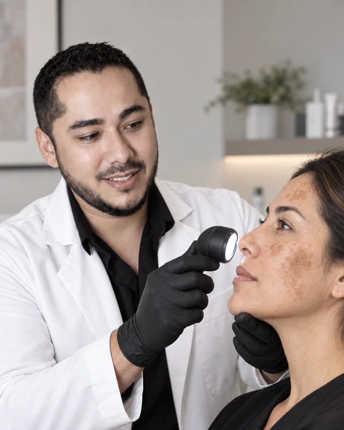 Dr. Barajas examinando pigmentación facial y melasma con luz clínica